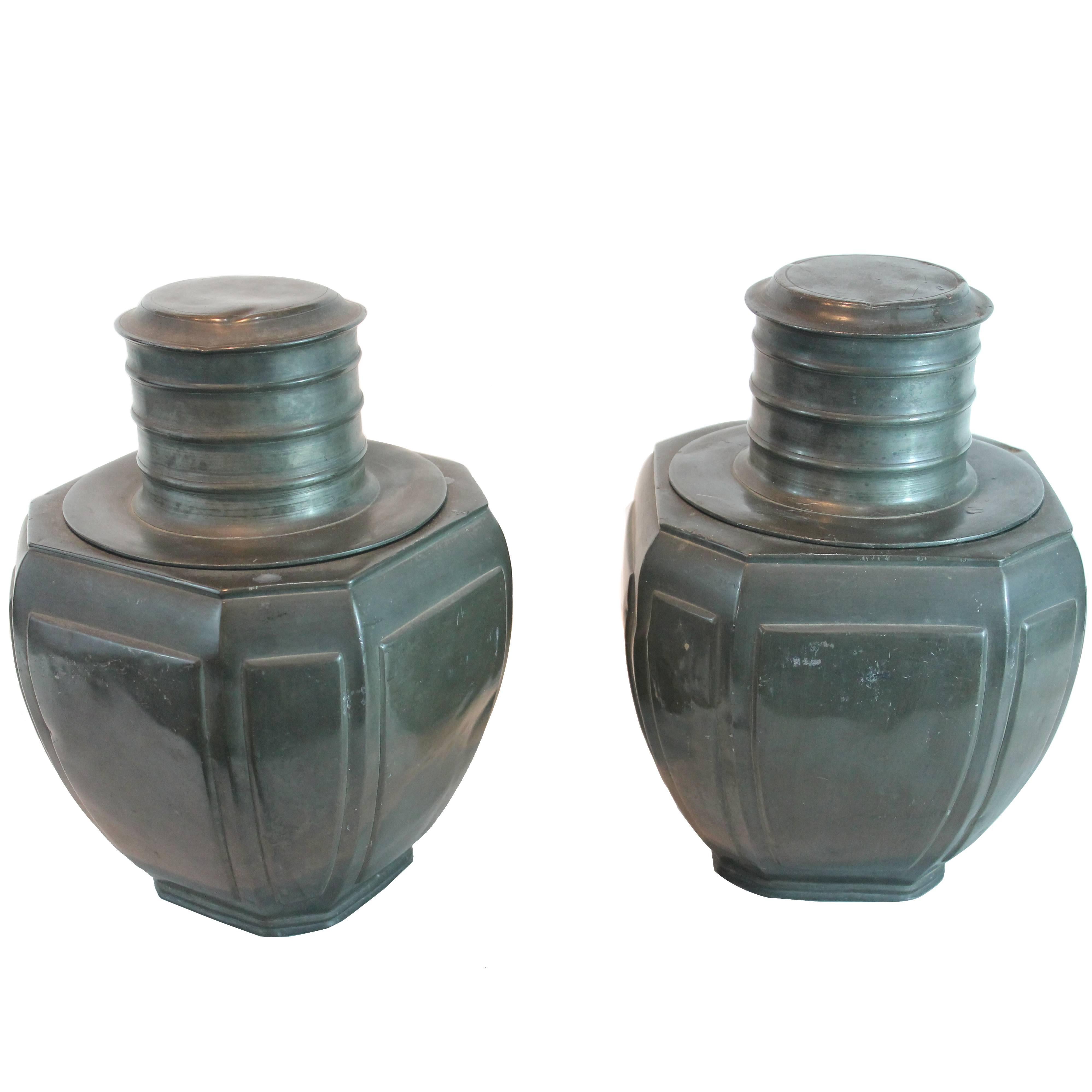 Pair of Large 19th Century Pewter Chinese Tea Cannisters For Sale