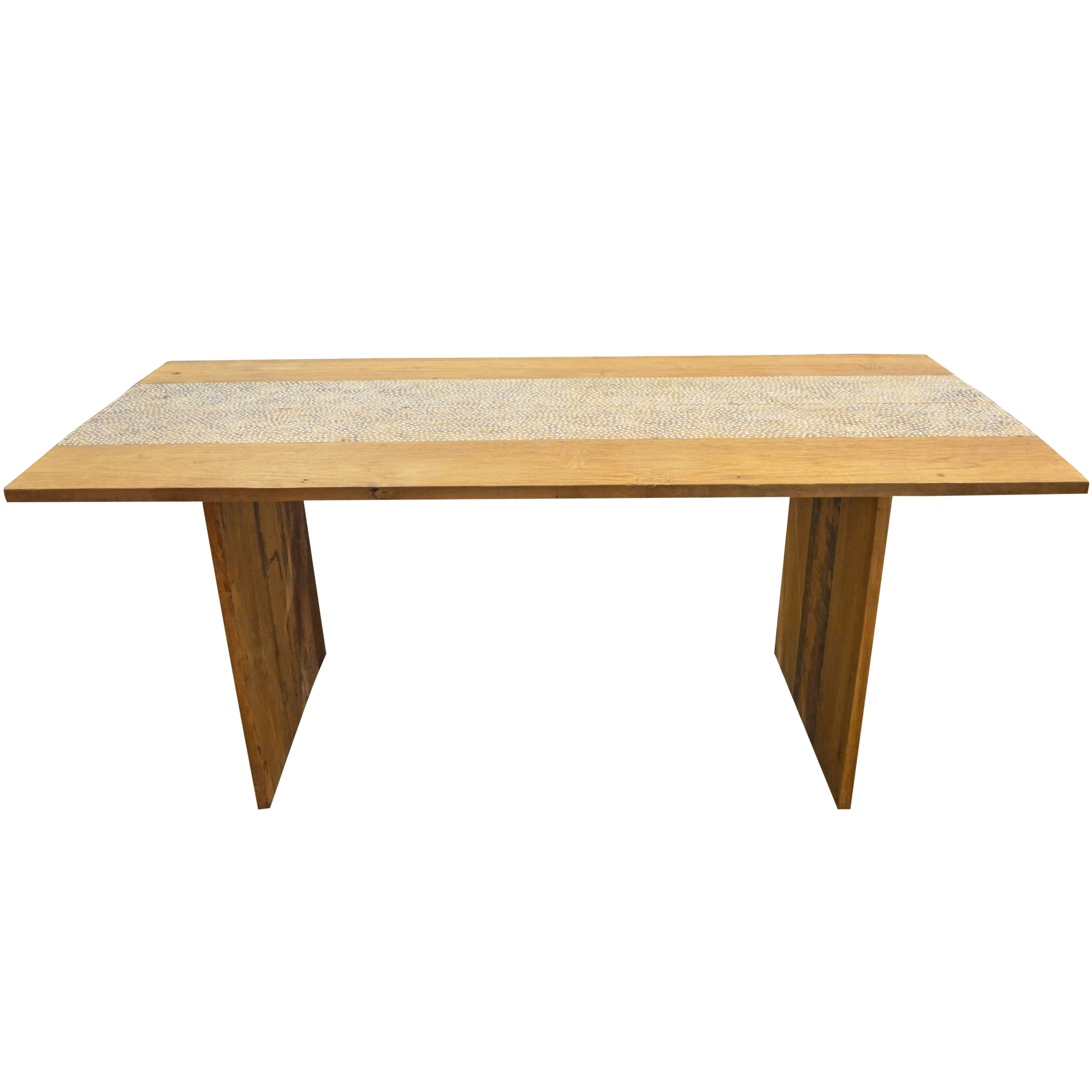 Andrianna Shamaris Shell Inlay Teak Wood Dining Table For Sale