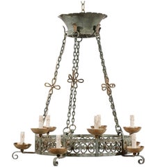 French Ten-Light Painted Iron Chandelier, Soft Green and Grey Color with Bronze