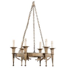 French Six-Light Hammered Metal Circular Chandelier in Bronze, Gold & Grey Color