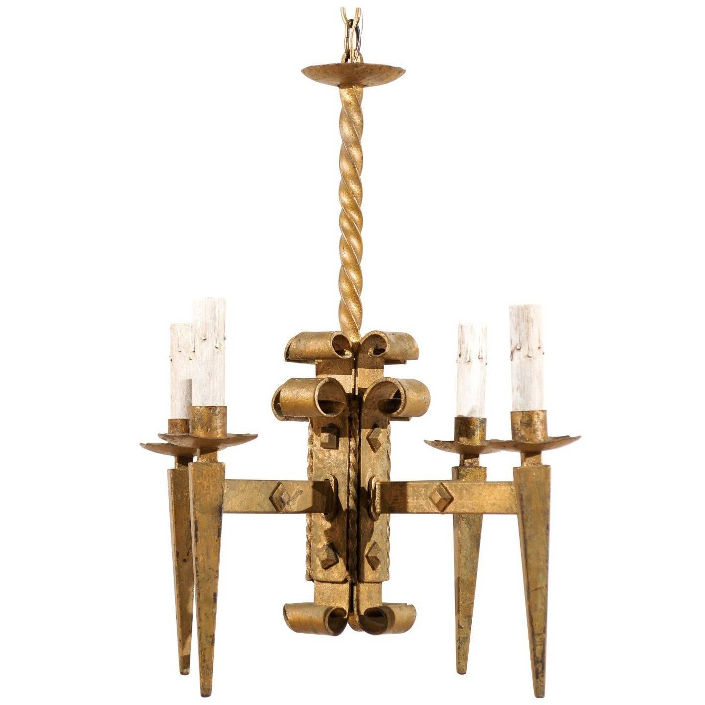 French Vintage Four-Light Chandelier with Torch-Shaped Arms, 20th Century