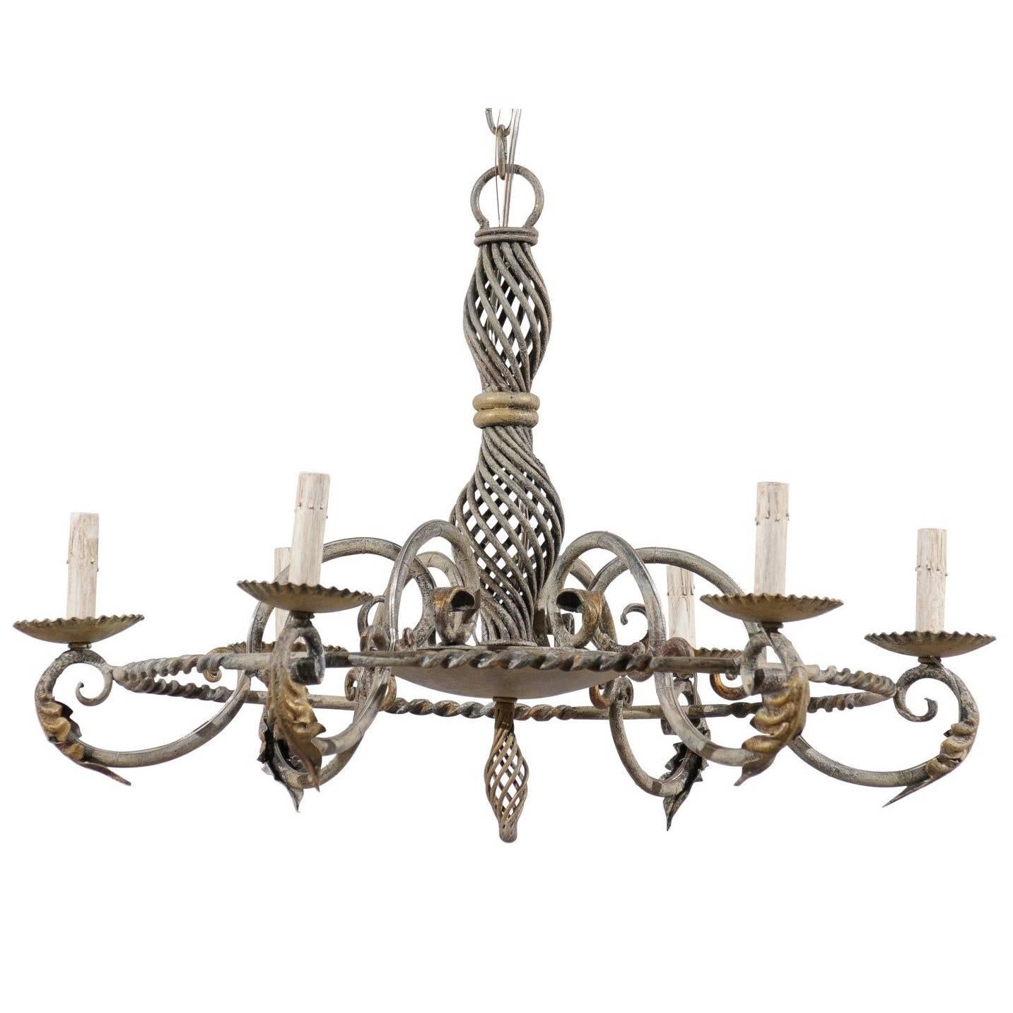 French Painted Iron Round-Shape Chandelier w/Intricately Twisted Central Column