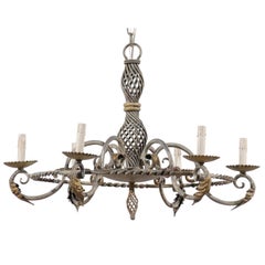 Vintage French Painted Iron Round-Shape Chandelier w/Intricately Twisted Central Column