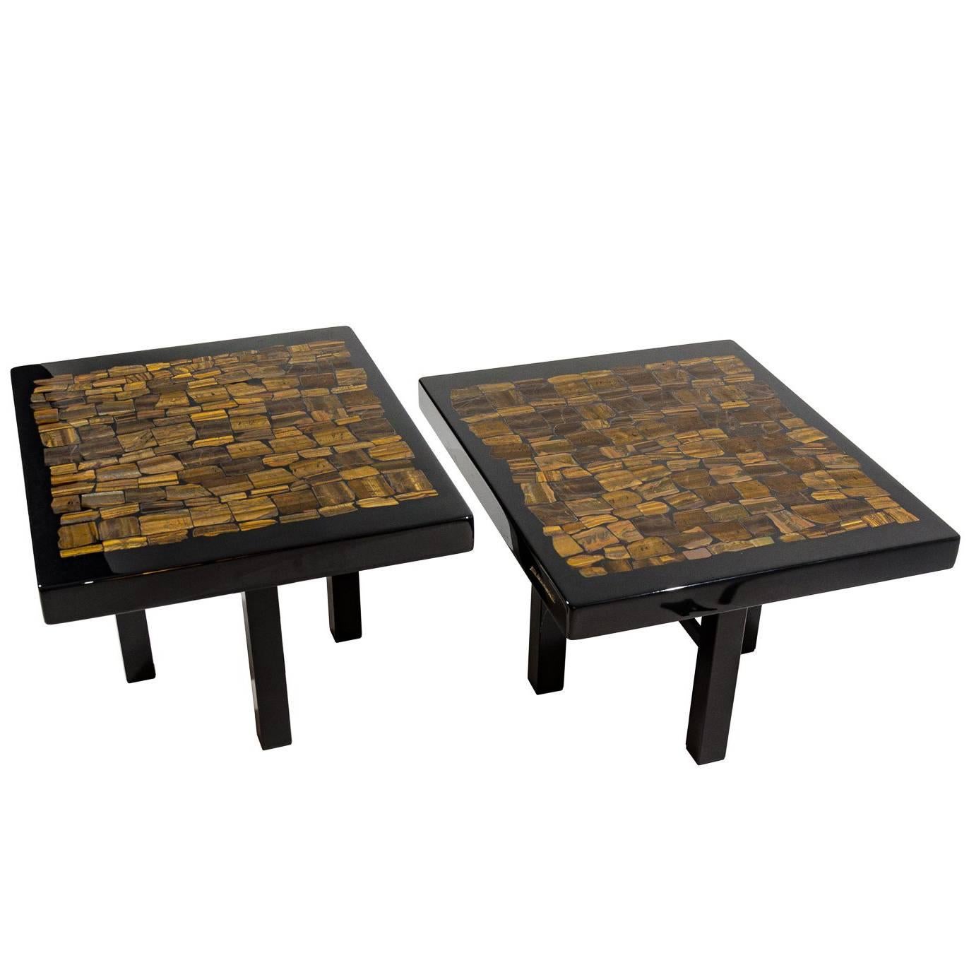 Pair of Side Table by E. Allemeersch Black Resin Inlay Tiger Eyes