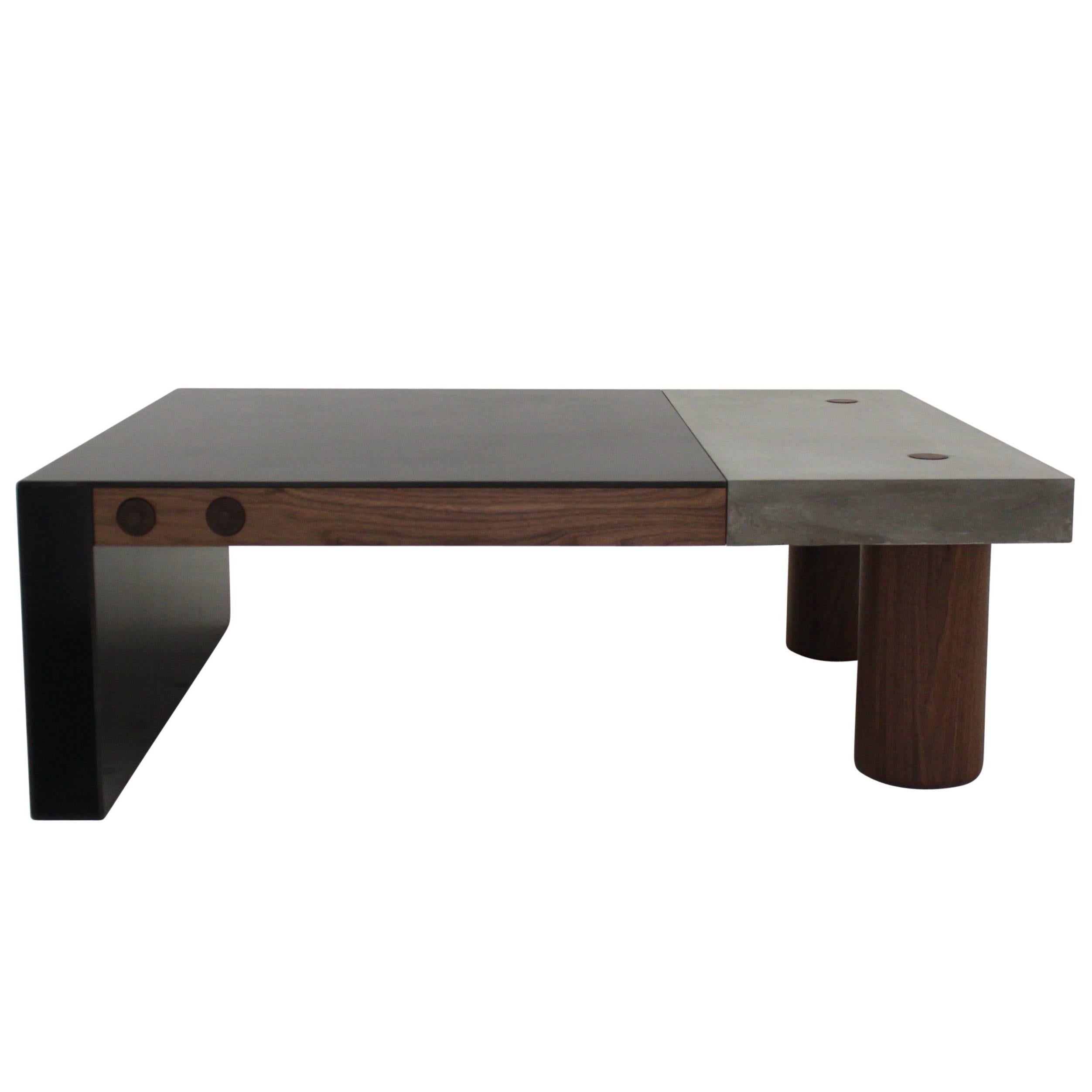 Cast Concrete, Hand-Blackened Steel and Walnut "Paradigm Coffee Table" For Sale