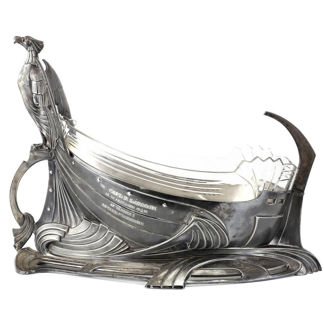 German Silvered Pewter Viking Ship Centerpiece by WMF, circa 1900