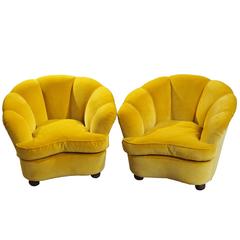 Pair of Golden Yellow Velvet Armchairs, Attributed to Guglielmo Ulrich