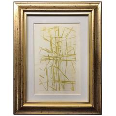 Small 1970s Light Green Abstract Line Work Painting