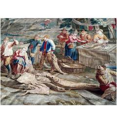 Antique Brussels Tapestry, 18th Century, Unloading of Fish in the Port of Antwerp