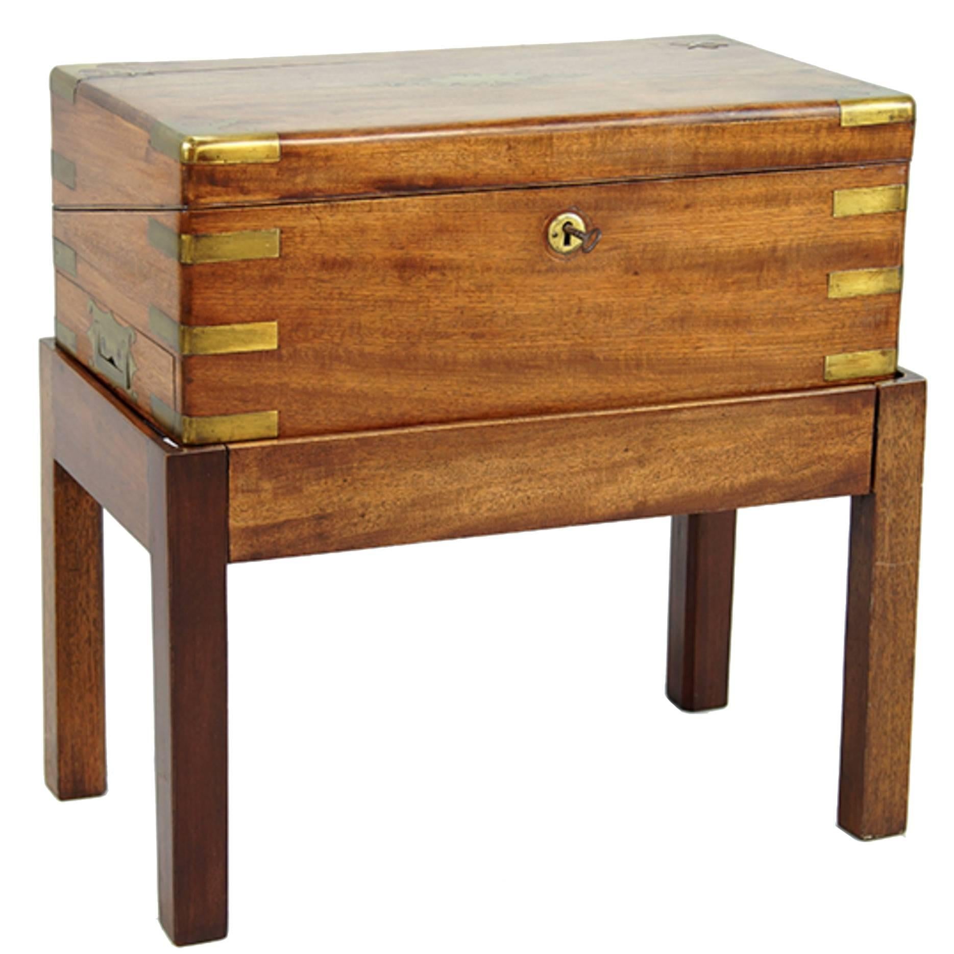 English Geo III Mahogany Writing Box on Later Stand with Brass Inlay, Side Table