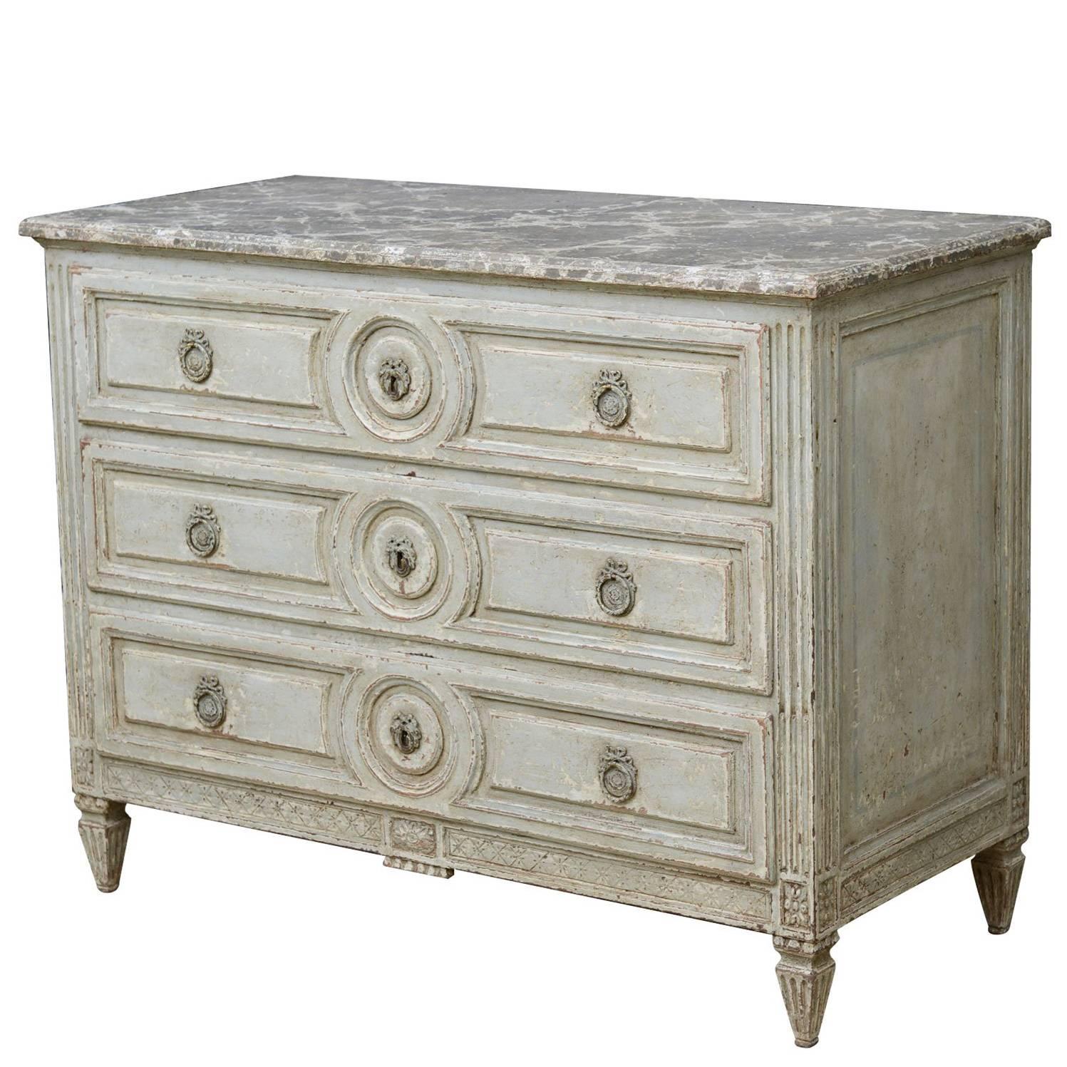 French Louis XVI Style Painted Chest of Drawers with Faux Marble Top For Sale