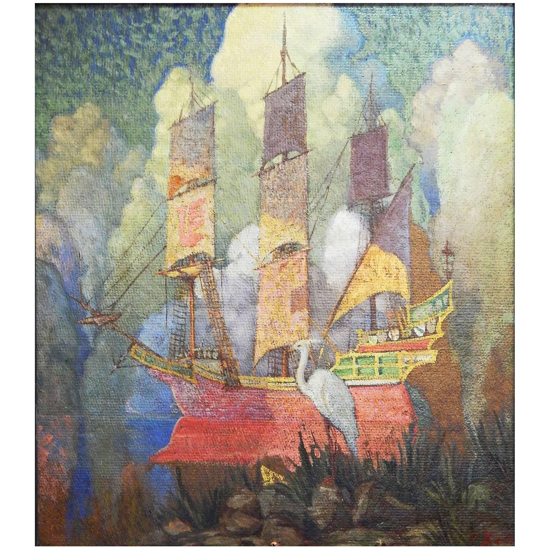 "Sailing the Old Florida Coast, " Jewel-Toned Painting with Spanish Ship & Egret