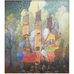 "Navigando sulla vecchia costa della Florida", quadro dai toni gioiello con nave spagnola e airone bianco