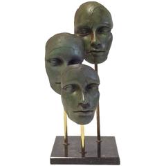 Bronze and Brass Sculpture with Three Faces on Marble Base