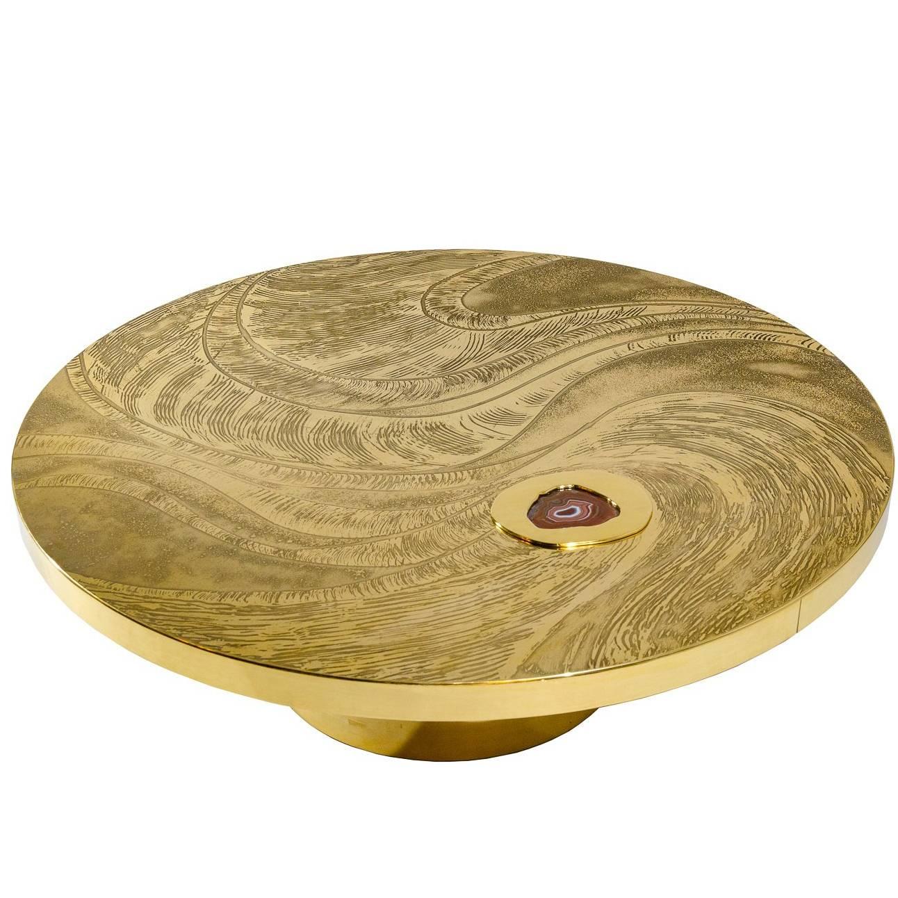 Etched Circular Brass Coffee Table Inlay Agate by VDL, circa 1978