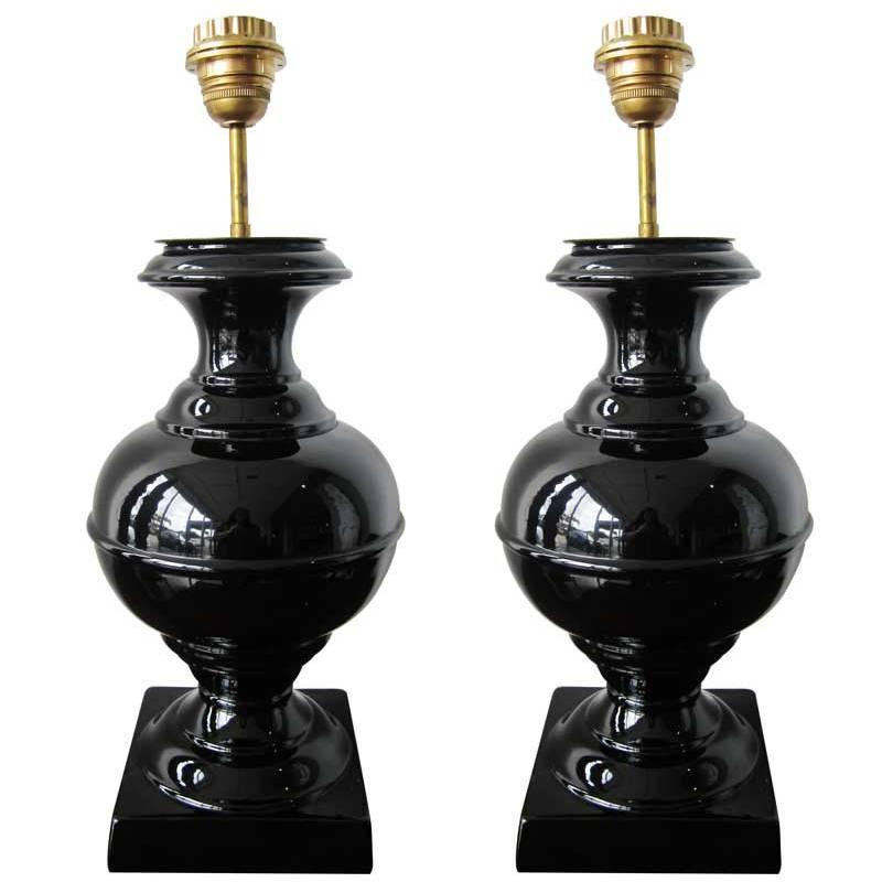 Pair of Black Urn Shaped Lamps For Sale