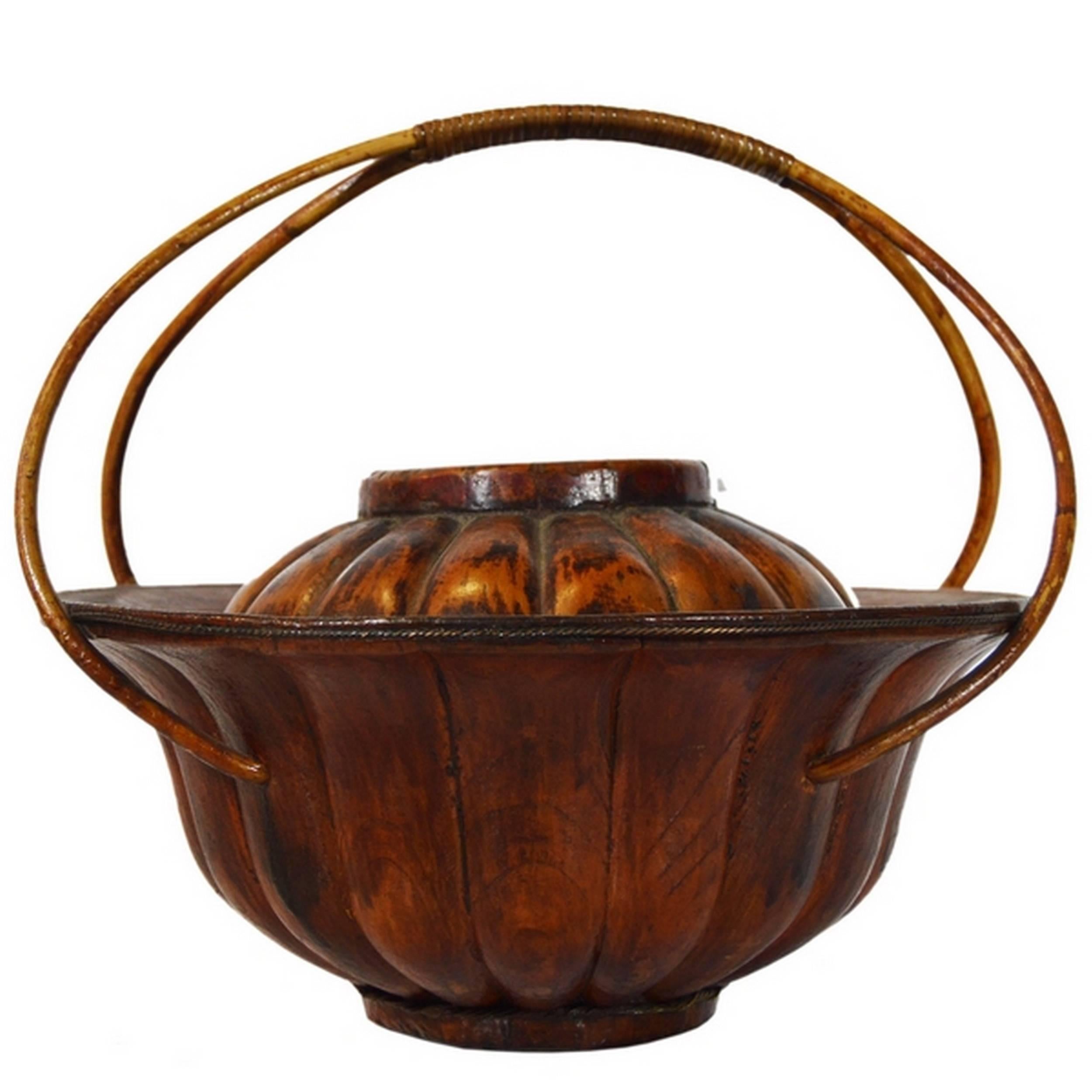 Antique HandCarved Dark Chinese Wooden Offering Basket from the, 19th