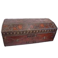 Antique Spanish Colonial Leather trunk with nailed decoration