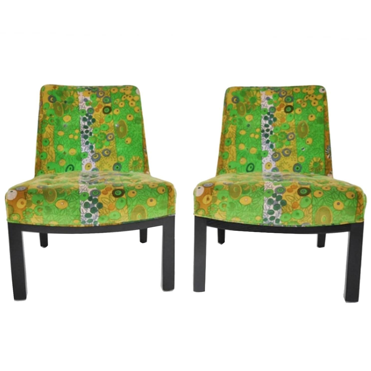 Very Rare Original Jack Lenor Larsen Fabric on Edward Wormley's Slipper Chairs For Sale