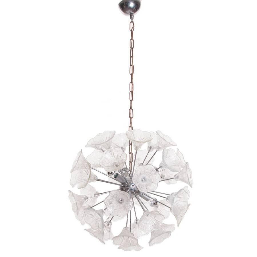 1960s Murano Glass and Chrome, Six-Light Flower Chandelier For Sale