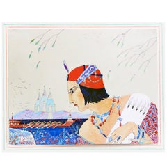 "Waiting for the Barge, " Fabulous & Vivid Art Deco Painting of Bejewelled Figure "Waiting for the Barge, " Fabulous & Vivid Art Deco Painting of Bejewelled Figure