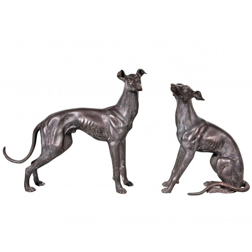 Pair of Life Size Whippet Bronze Figures