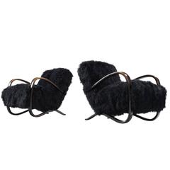 Jindrich Halabala Lounge Chairs in Black Tibetan Lambswool