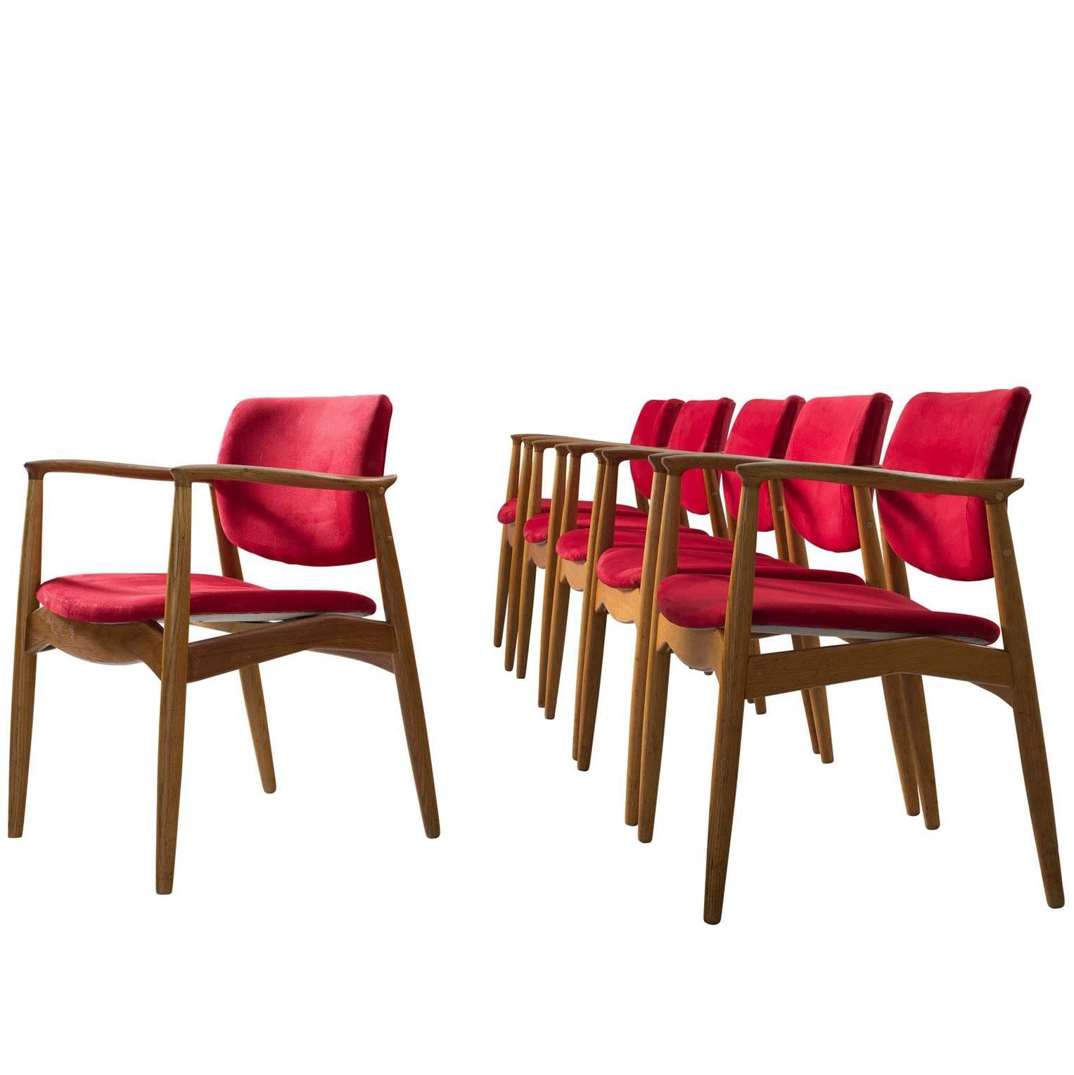 Erik Buch Set of Six 'Captains' Armchairs in Oak and Red Fabric Upholstery