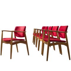 Erik Buck Set of Six 'Captains' Armchairs in Oak and Red Fabric Upholstery 4