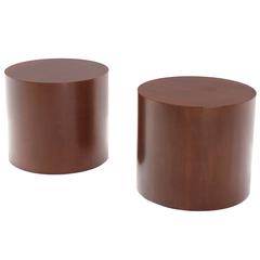 Pair of Walnut Round Drum Shape End Tables Pedestals