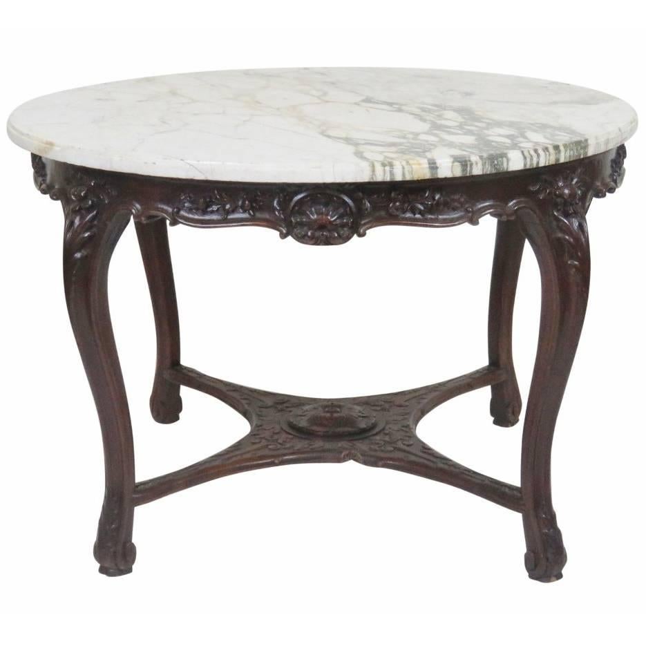 Rosewood Carrara Marble French Louis XV Carved Center Table