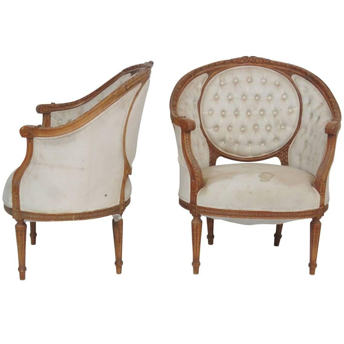Pair of Round Back Louis XVI Style Carved Walnut Bergere Canape Chairs 