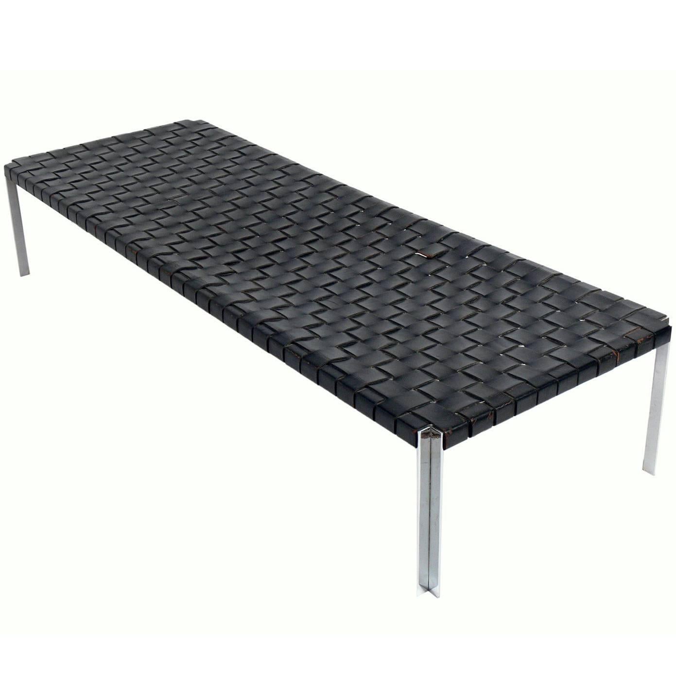 Large-Scale Woven Leather and Chrome Daybed Bench by Erwine & Estelle Laverne