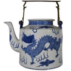  Antique Hand Painted Blue and White Porcelain Teapot from China, circa 1930