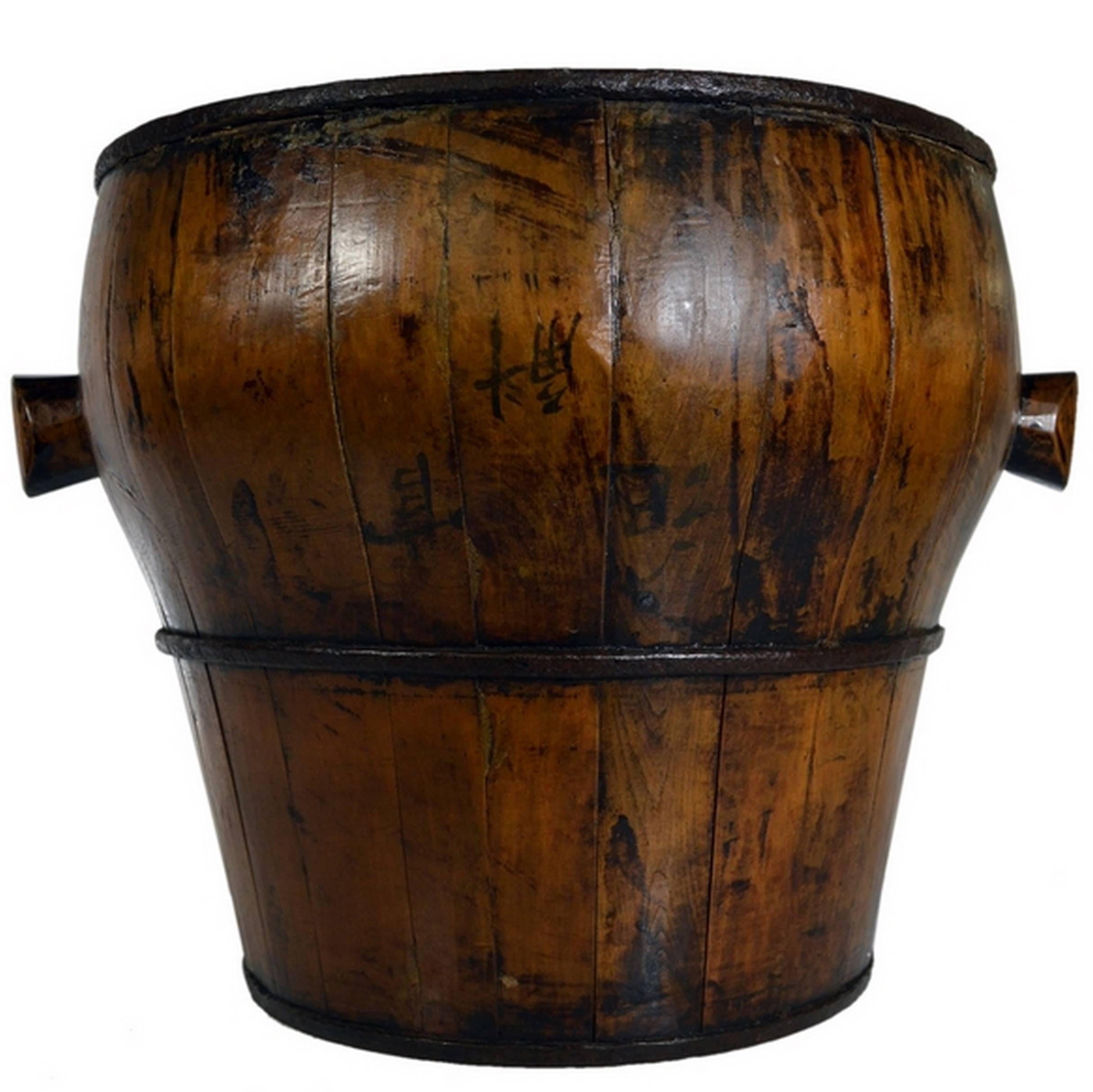 Antique Handmade Drum-Shaped Varnished Grain Basket from 19th Century, China