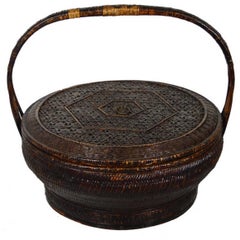 Antique 19th Century Chinese Handwoven and Painted Bamboo and Rattan Basket with Handle