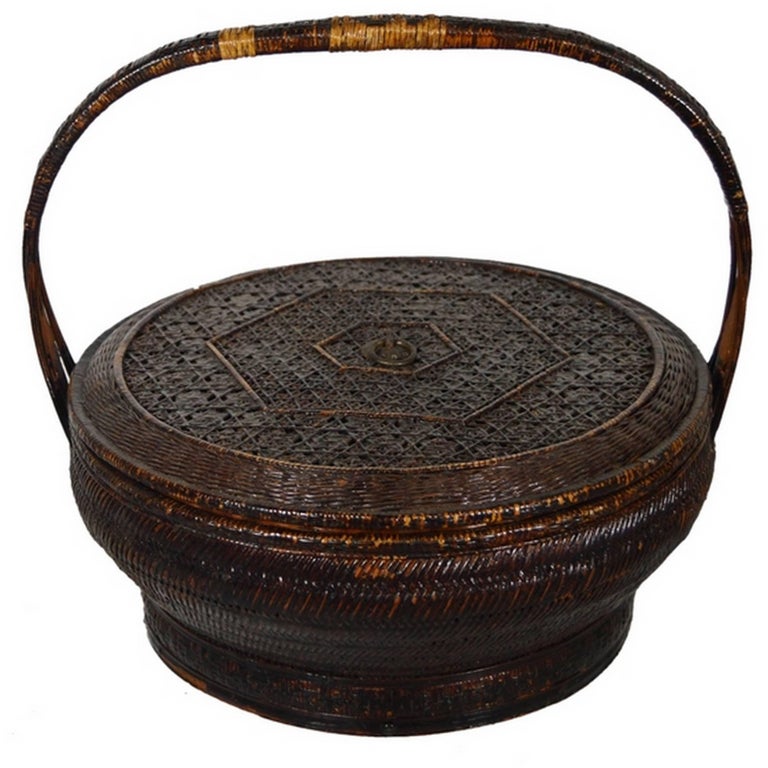 Antique Handwoven and Painted Bamboo and Rattan Basket from 19th