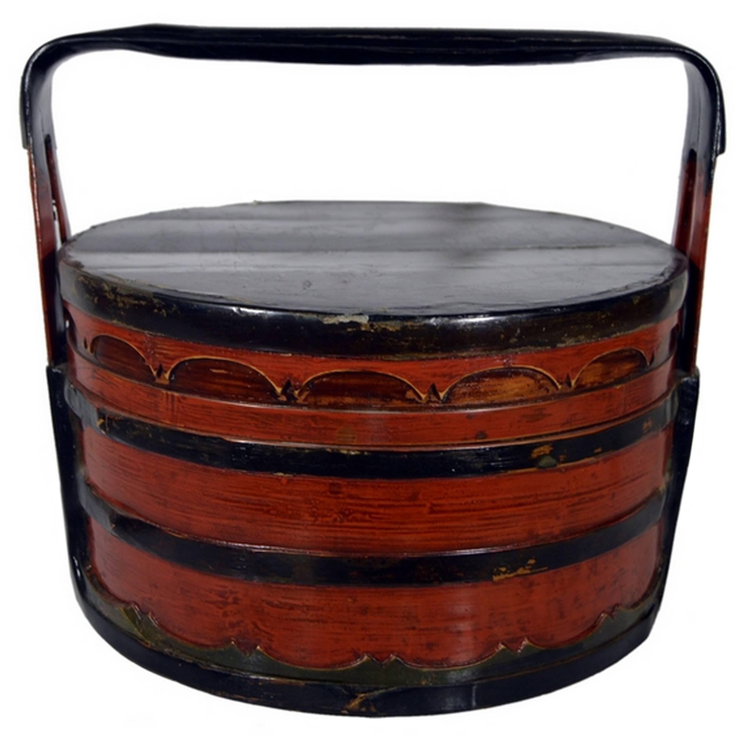 19th Century Chinese Two-Colored Bamboo and Wood Tiered Lunch Basket