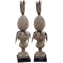 Antique Pair of 19th Century Italian Patinated Brass Pineapple Finials