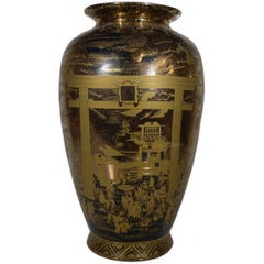 Vintage Chinese Hand-Painted Black Gilt Porcelain Vase with Palace Scenes, 1980s