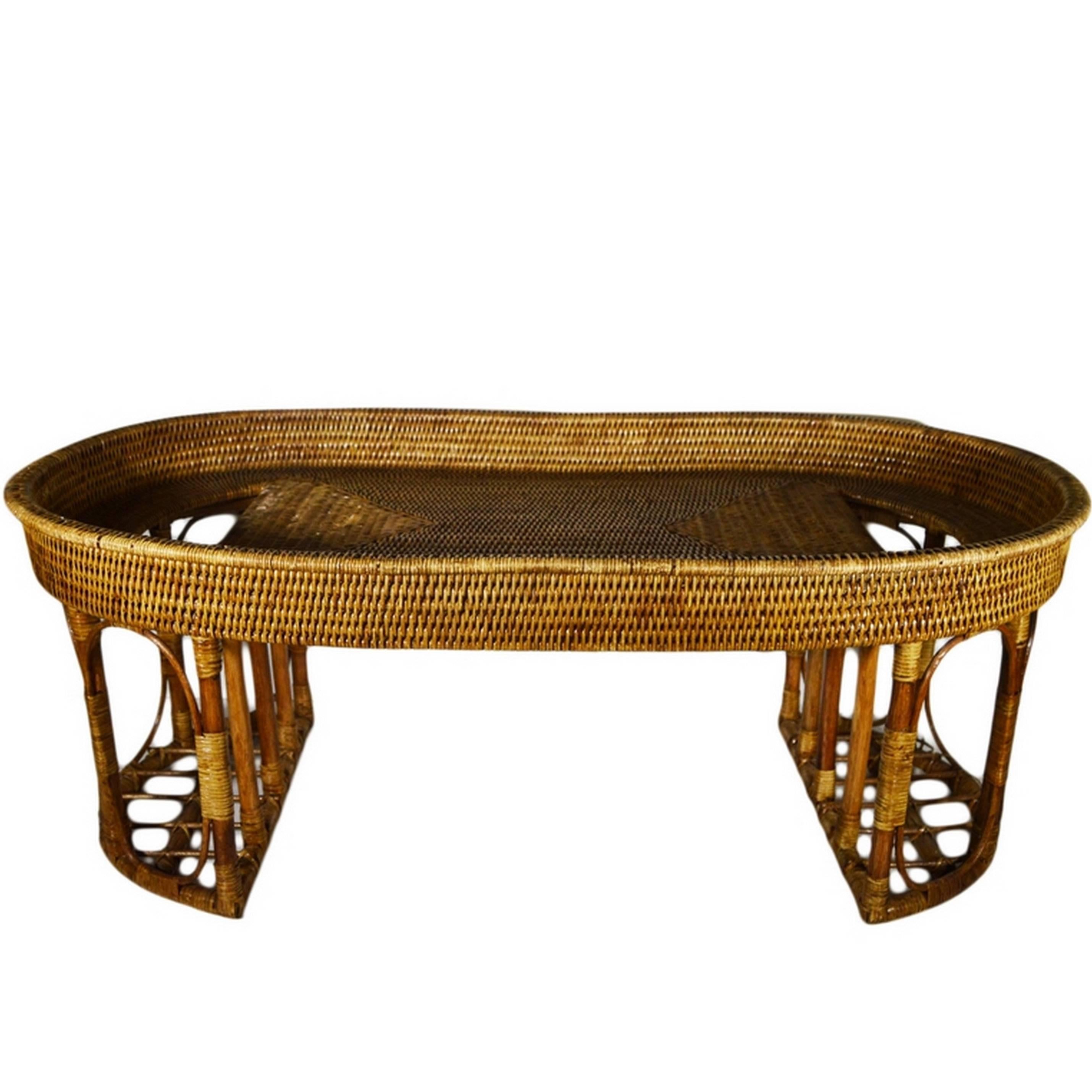 Vintage Burmese Handwoven Rattan Breakfast Coffee Serving Table from the 1970s