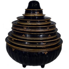 Antique Burmese Tiered Lacquered Wooden Offering Basket from the 19th Century