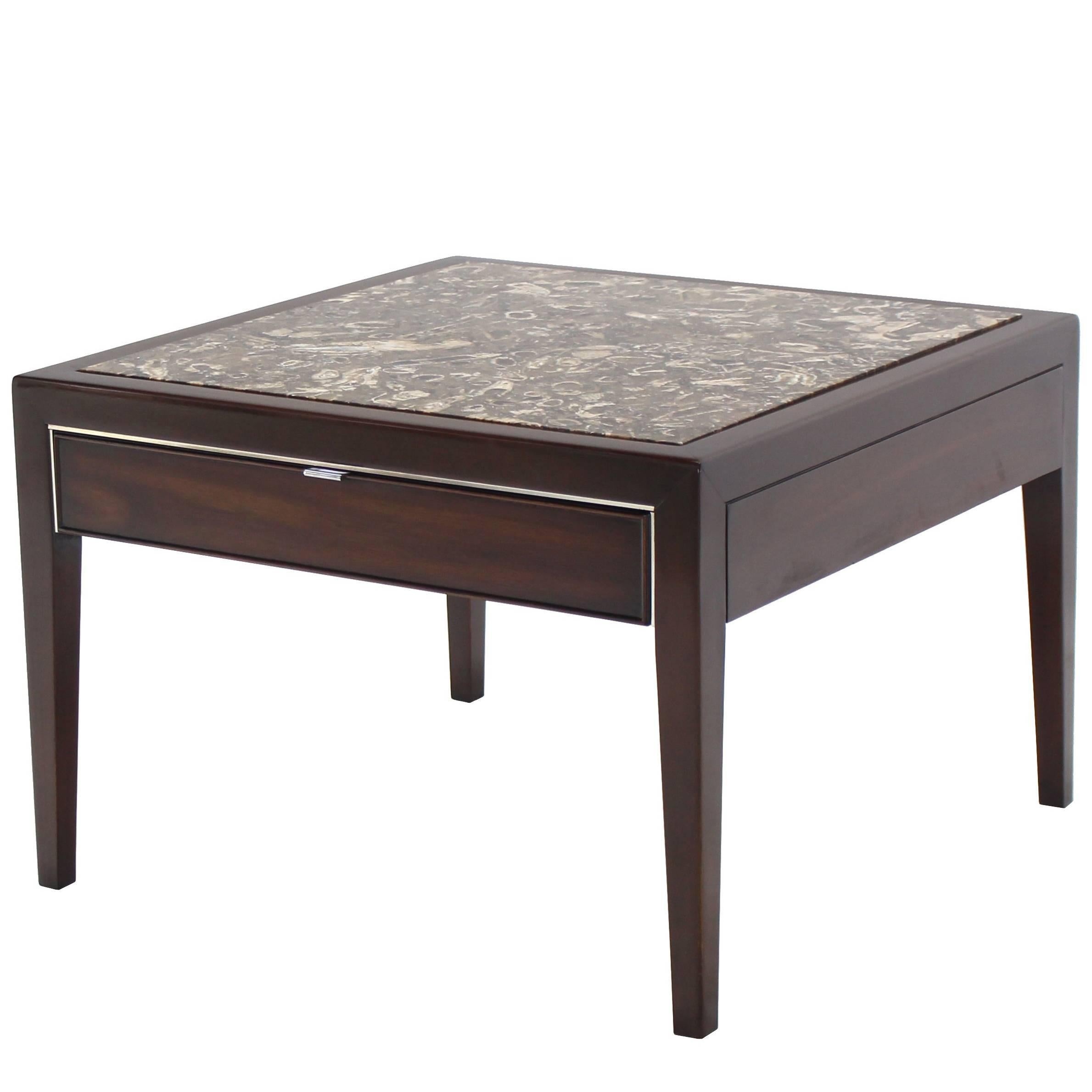 Square Marble-Top Walnut One Drawer Side Table