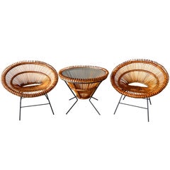 Pair of Rattan Scoop Chairs and Side Table in the Style of Franco Albini