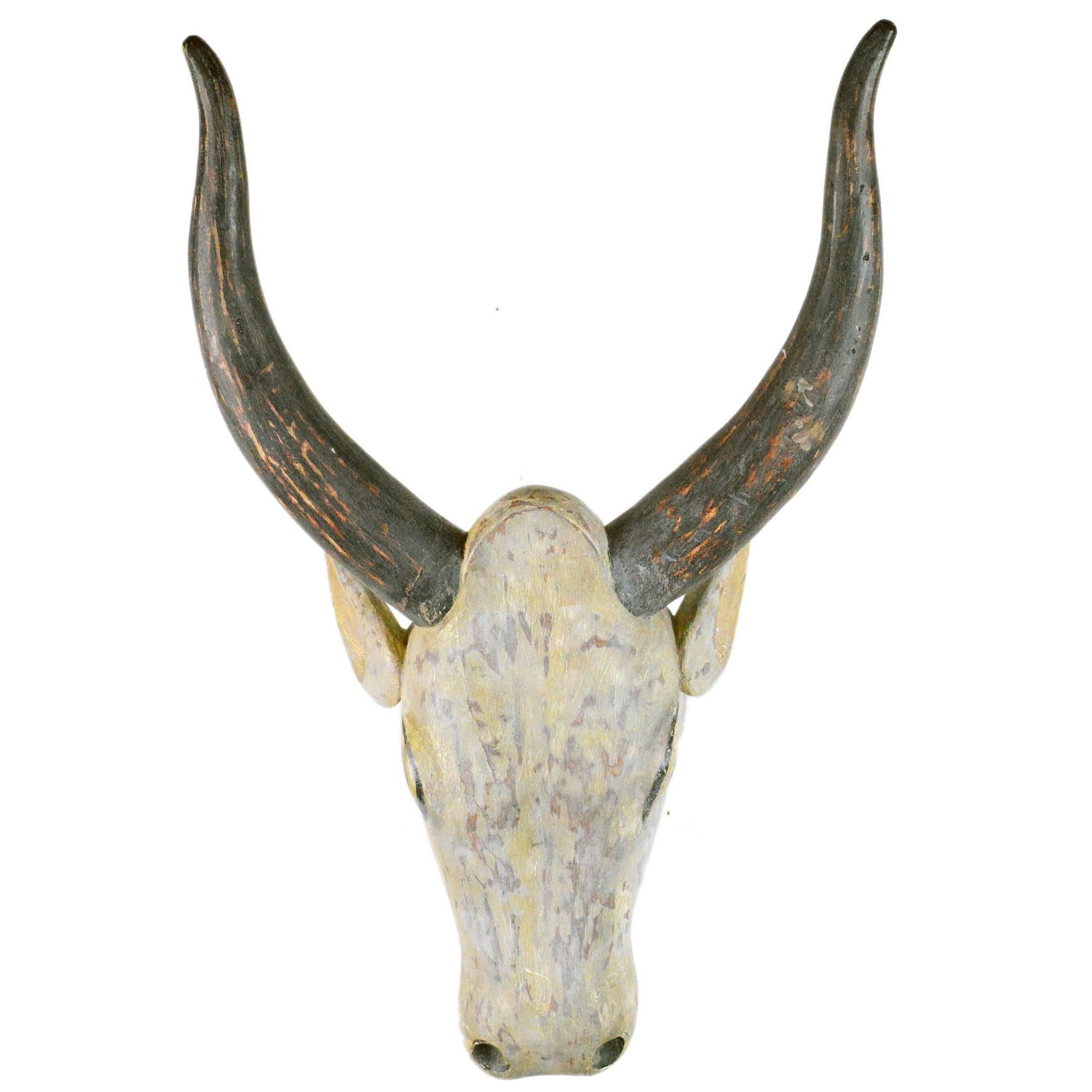 Mounted Carved and Painted Bulls Head For Sale