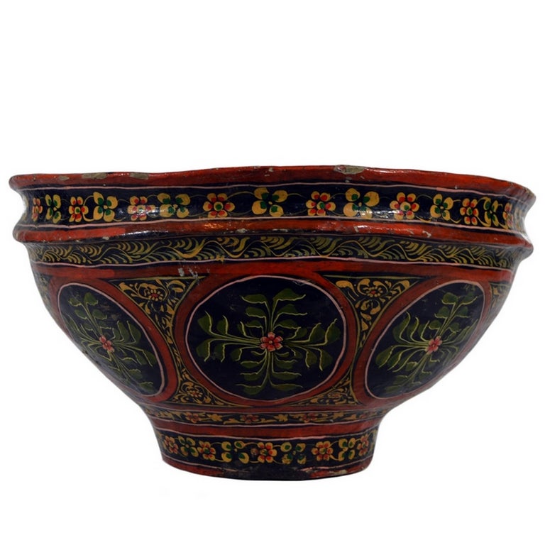 Antique HandPainted Paper Mache Indian Flower Bowl from the 19th