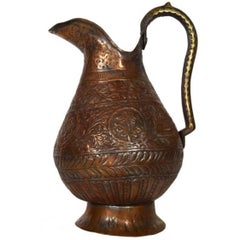 Antique Indian Detailed Hand-Hammered Globular Copper Pitcher, 19th Century