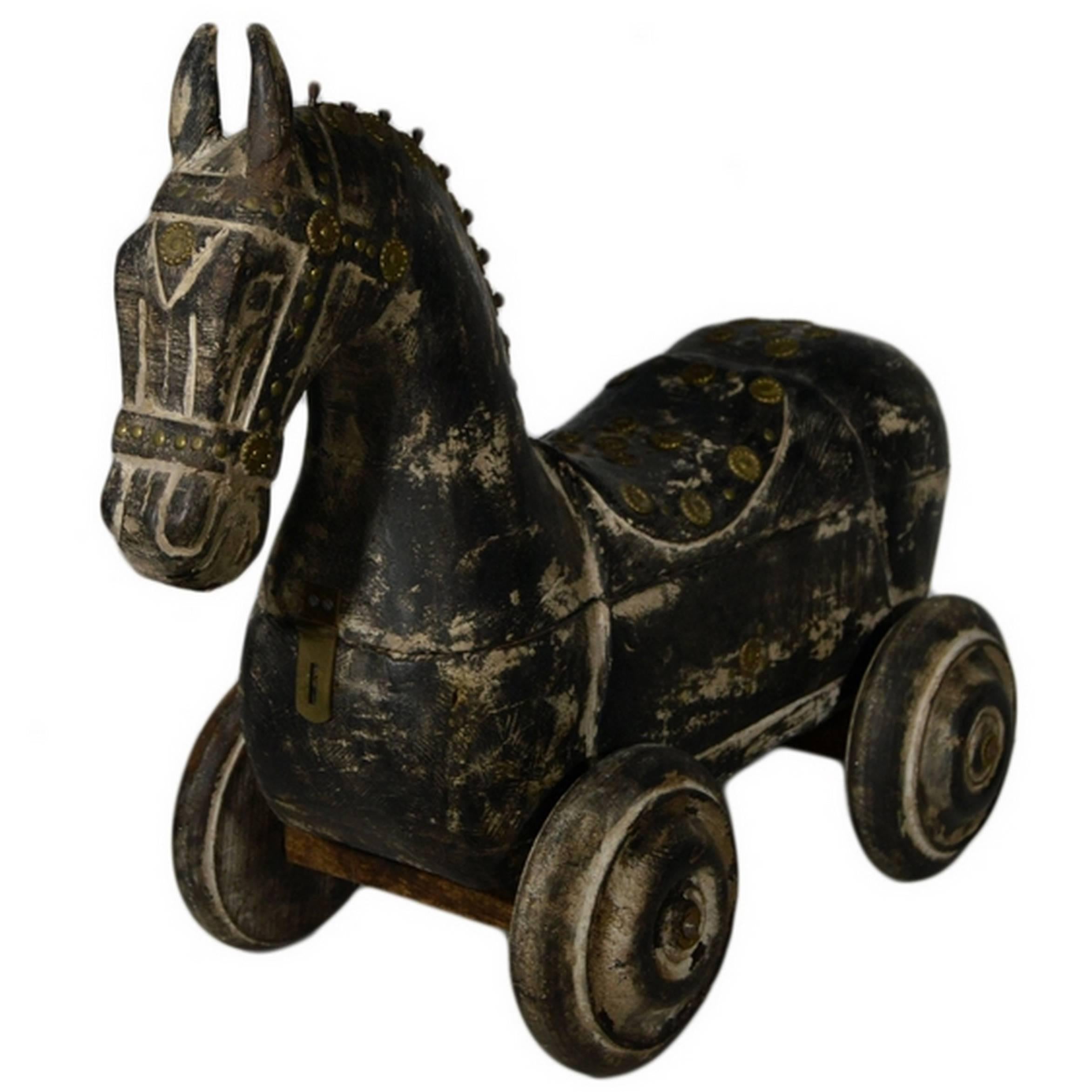 Vintage Indian Hand Carved Wooden Horse with Wheels and Iron Features