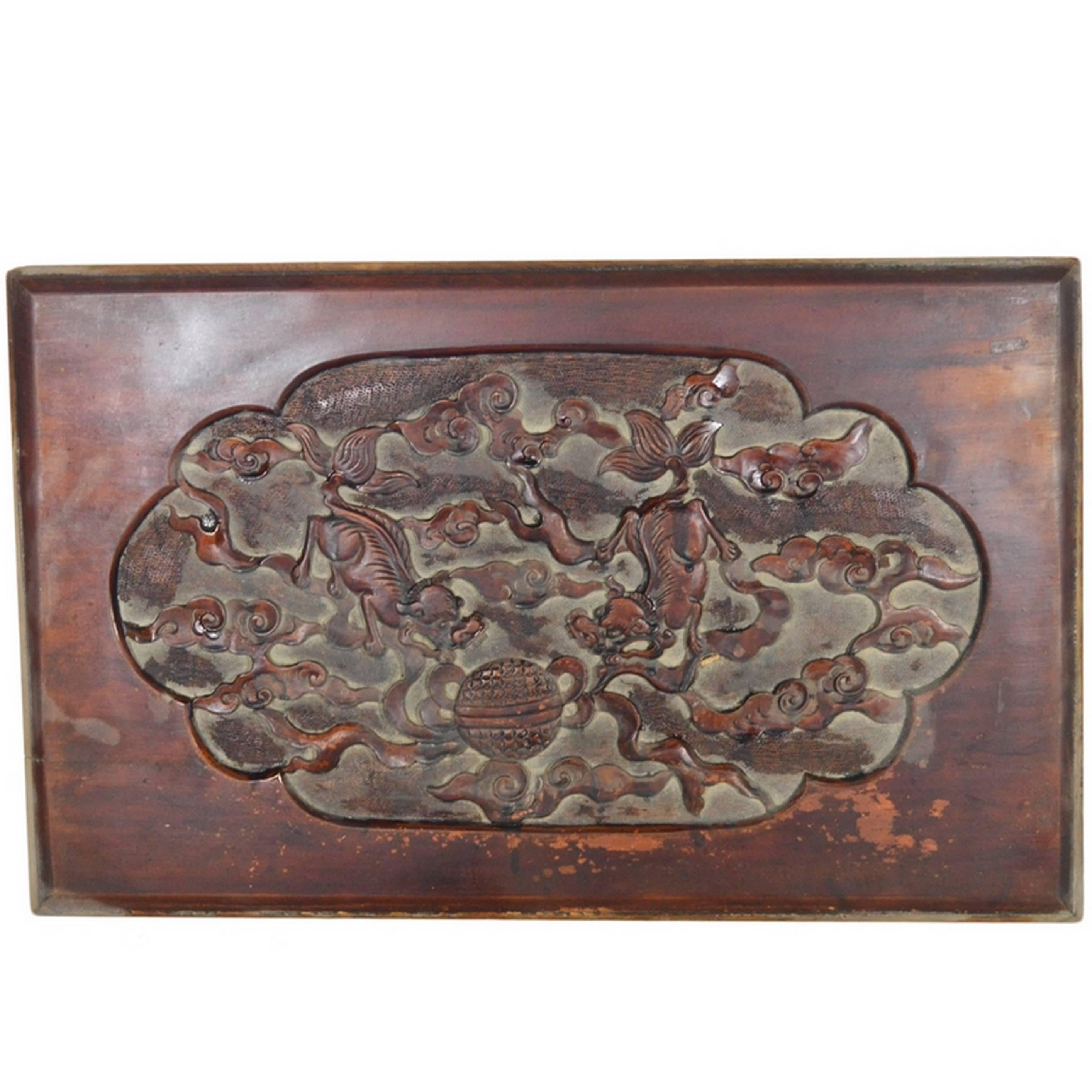 Antique Chinese Hand Carved Lacquered Rosewood Wall Plaque from the 19th Century For Sale