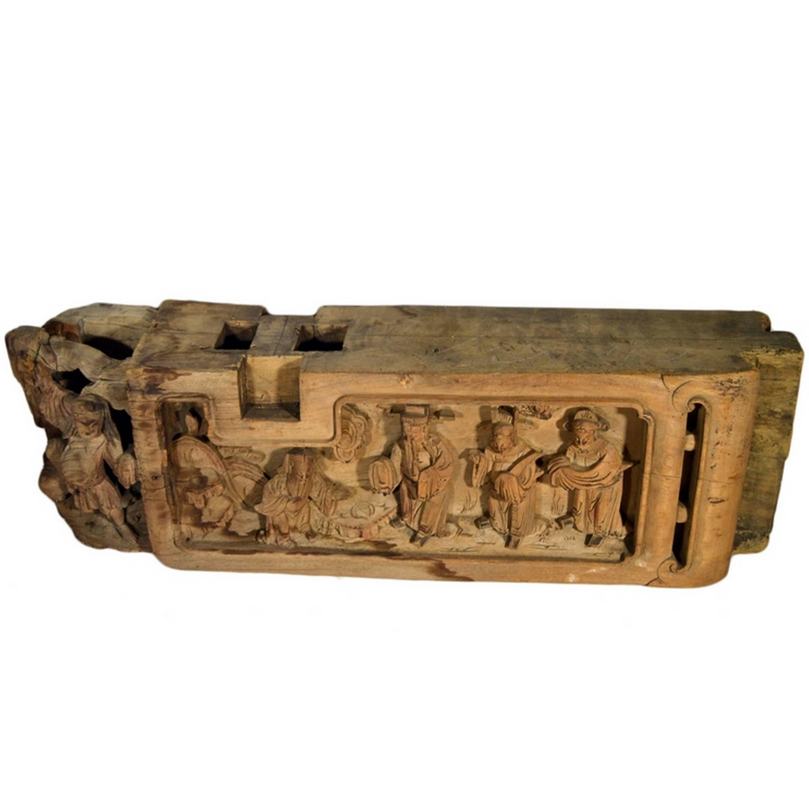 Hand-Carved Chinese Temple Carving from the 19th Century with Traces of Paint For Sale